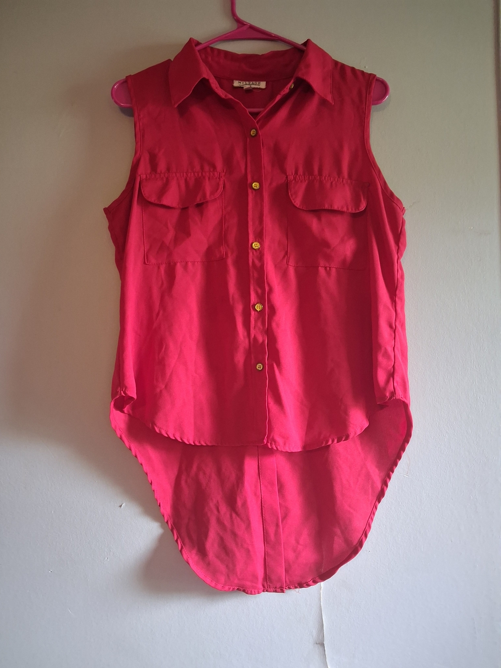 Sleeveless Hot Pink Button-Down High-Low Shirt